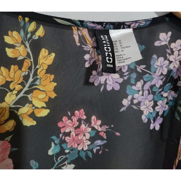 Divided by H&M women's black floral 3/4 sleeves open front cardigan kimono - Picture 7 of 8